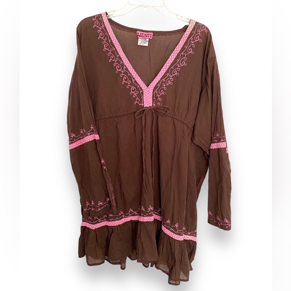 Vintage WANT Women’s Tunic Blouse Pink Chocolate Embroidered  Sz 2XL